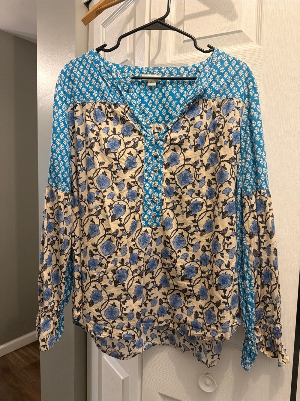 Sundance Blue Floral Split-Neck Tunic with Printed Yoke